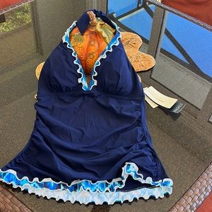 Profile by Gottex tankini top, navy with ruffles, size 12